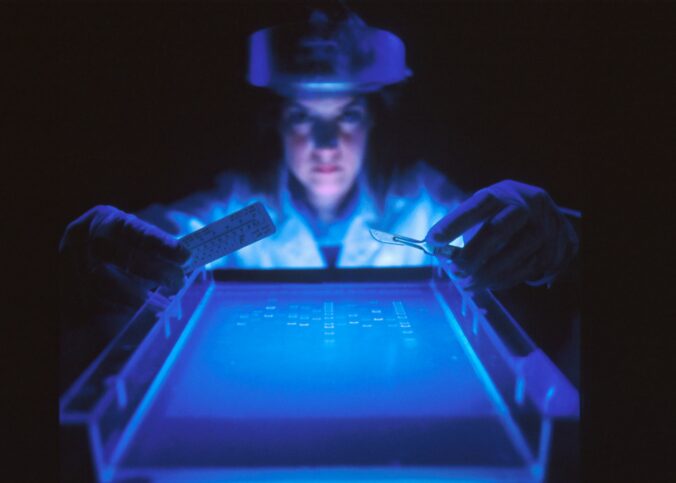 une femme en laboratoire ouvre le kit ADN récréatif acheté en ligne